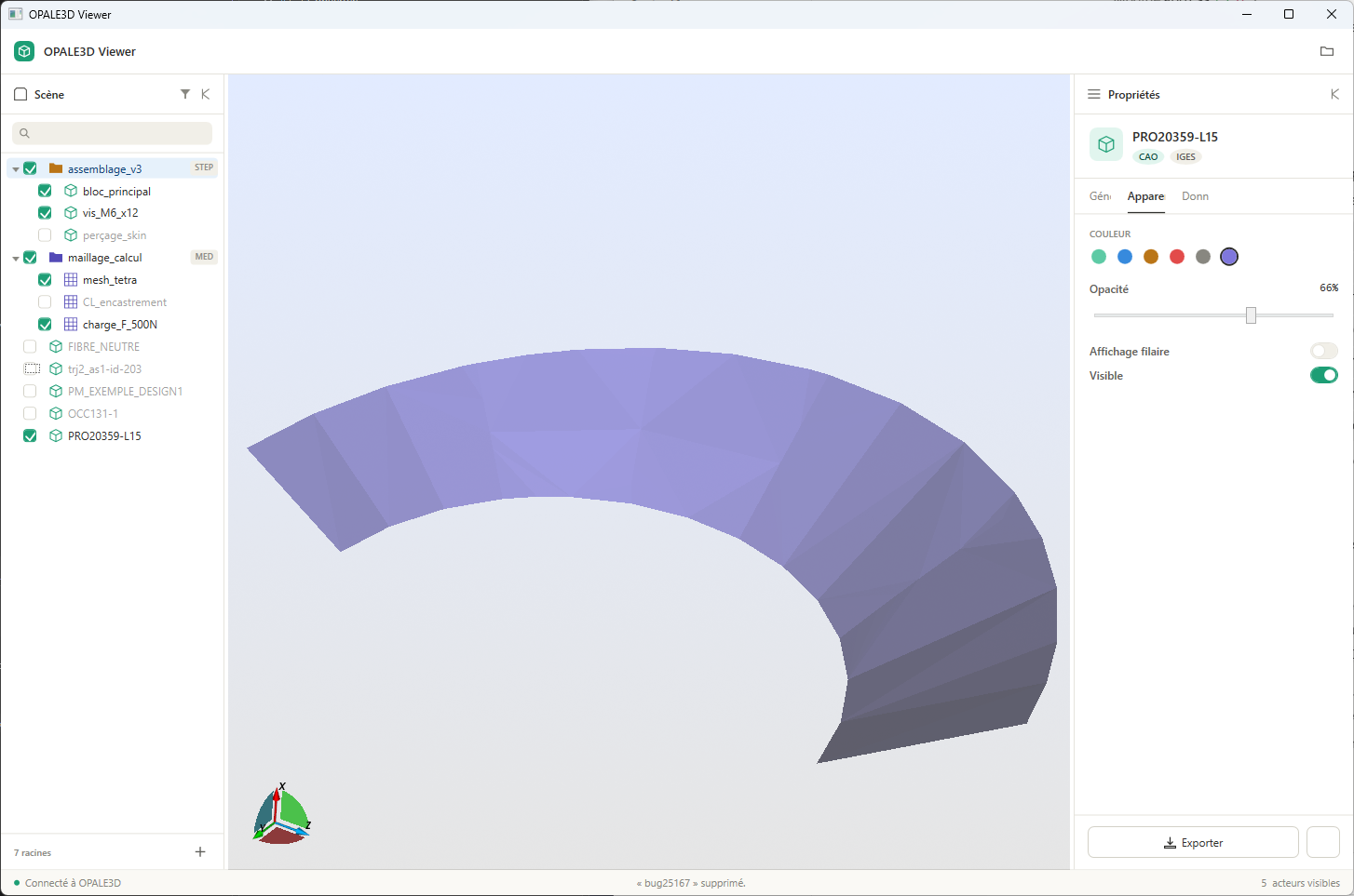 Surface IGES rendue en 3D avec réglages de couleur et d'opacité dans OPALE3D Viewer.